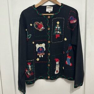 Susan Bristol Cottagecore Patchwork Christmas Sweater with Shoulder Pads 1996